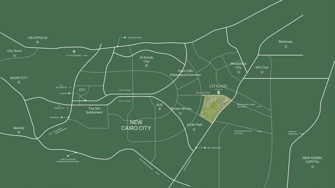 CityGate brochure location map, showing New Cairo, nearby roads and the New Administrative Capital